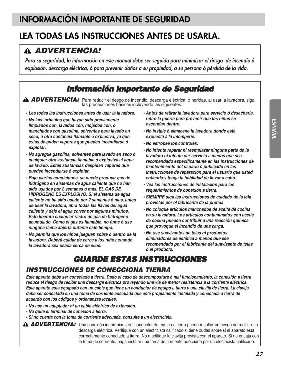 Advertencia | LG WM2277H series User Manual | Page 30 / 50