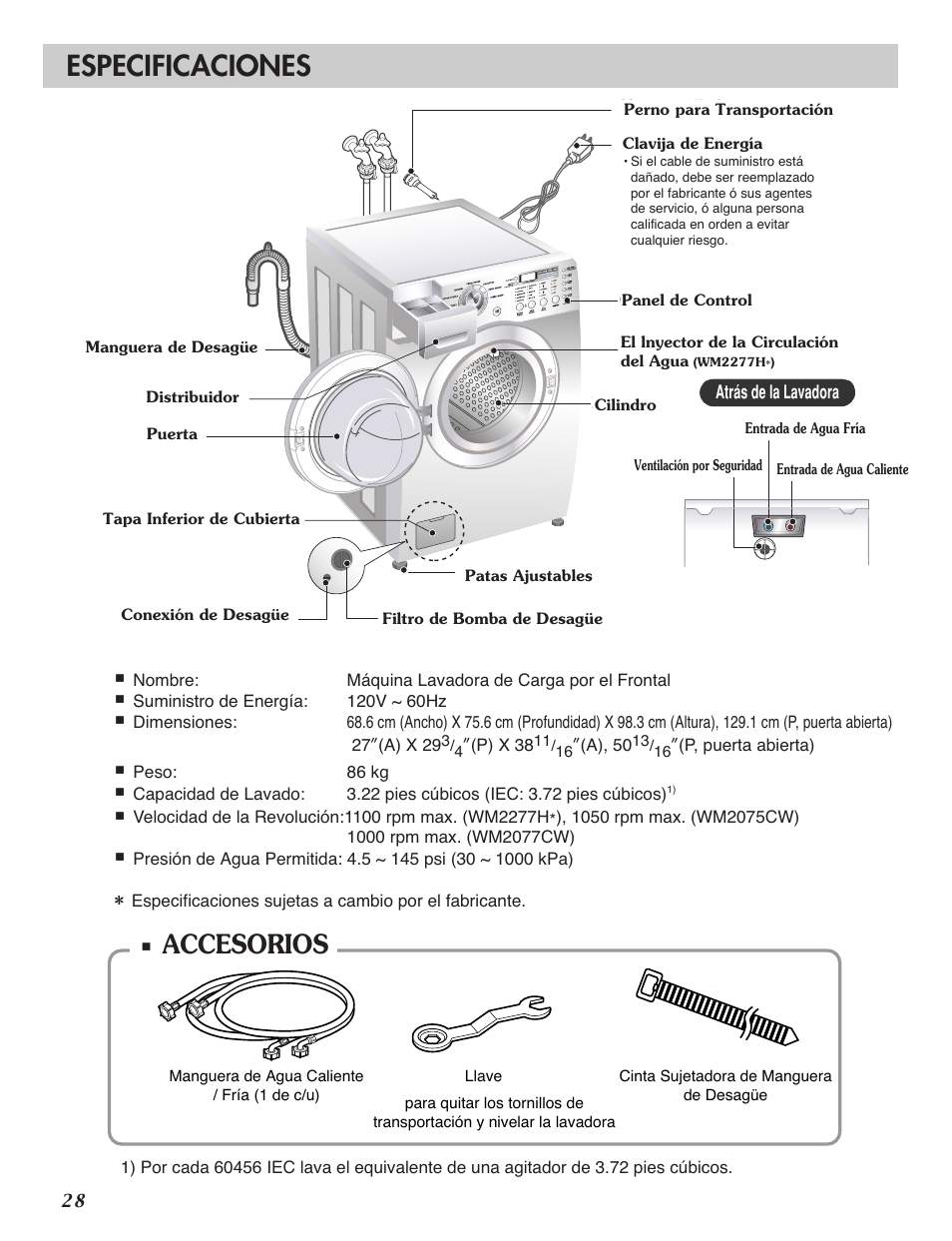 Especificaciones, Accesorios | LG WM2277H series User Manual | Page 31 / 50