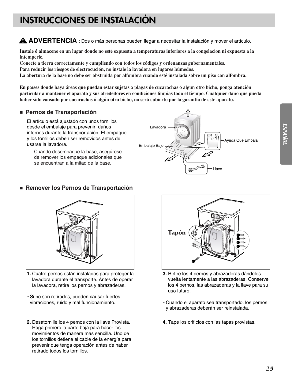 Instrucciones de instalación, Advertencia | LG WM2277H series User Manual | Page 32 / 50