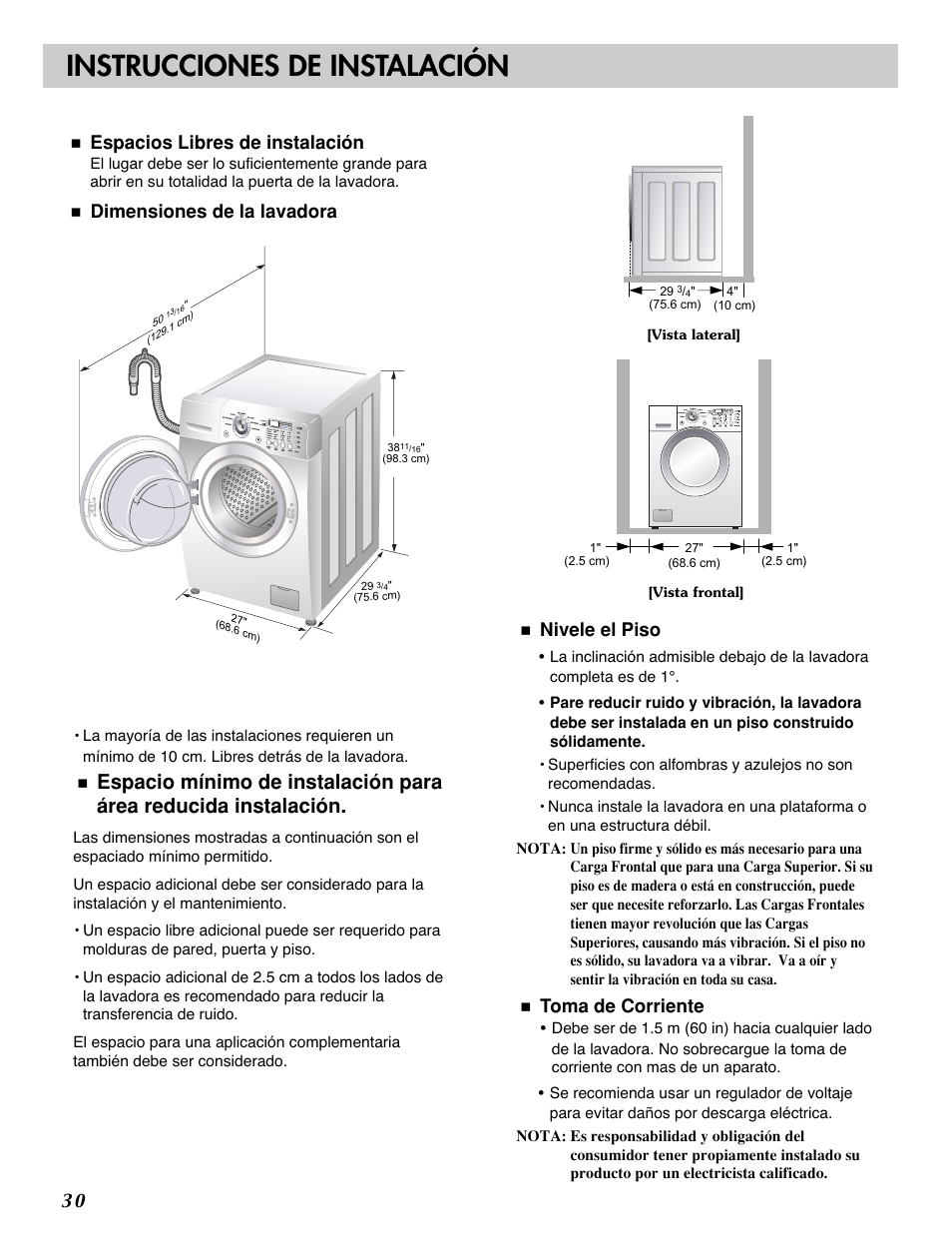 Instrucciones de instalación, Espacios libres de instalación, Dimensiones de la lavadora | Nivele el piso, Toma de corriente | LG WM2277H series User Manual | Page 33 / 50