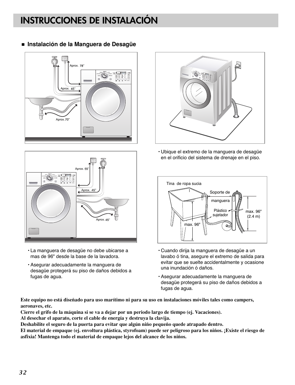 Instrucciones de instalación, Instalación de la manguera de desagüe | LG WM2277H series User Manual | Page 35 / 50