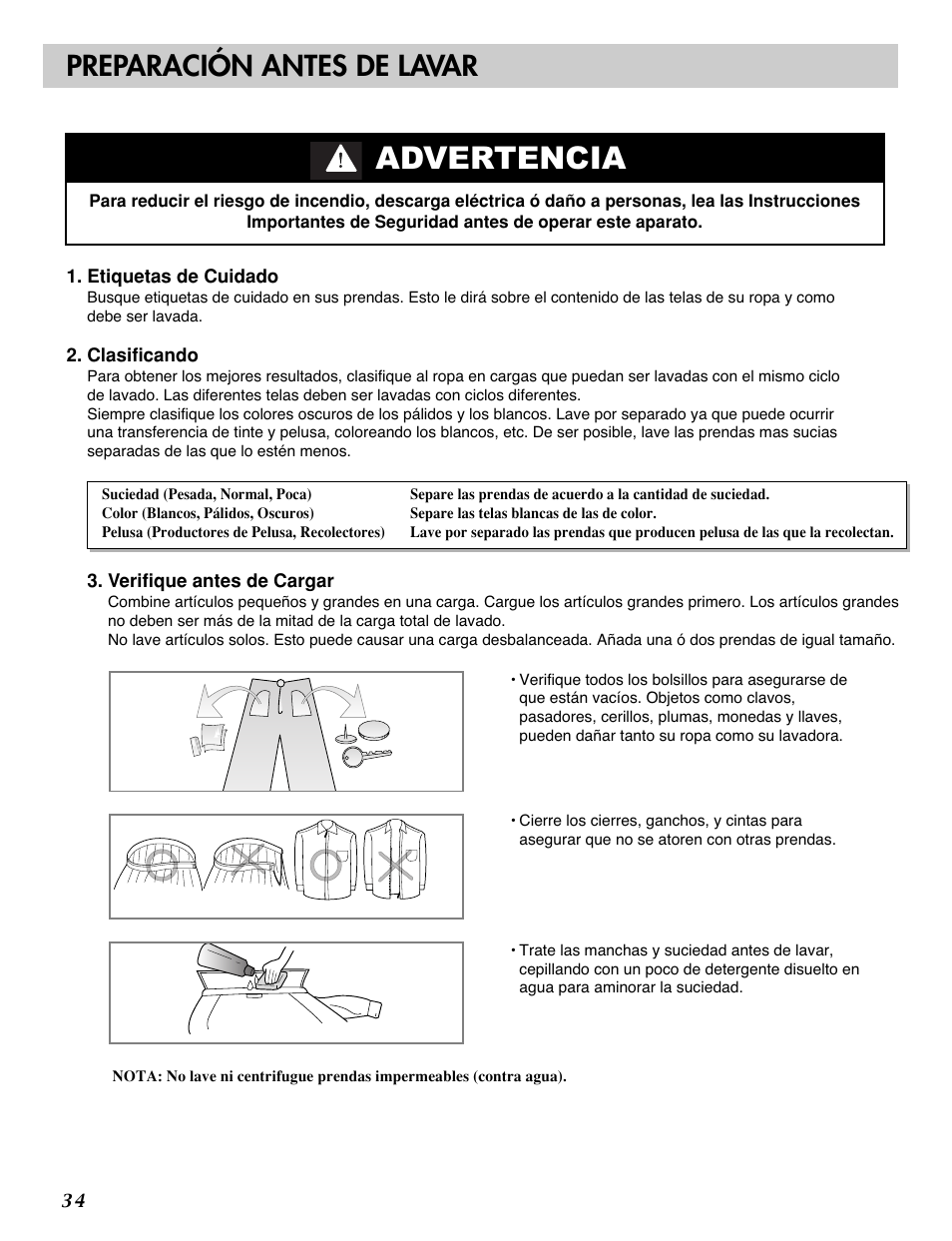 Advertencia, Preparación antes de lavar | LG WM2277H series User Manual | Page 37 / 50