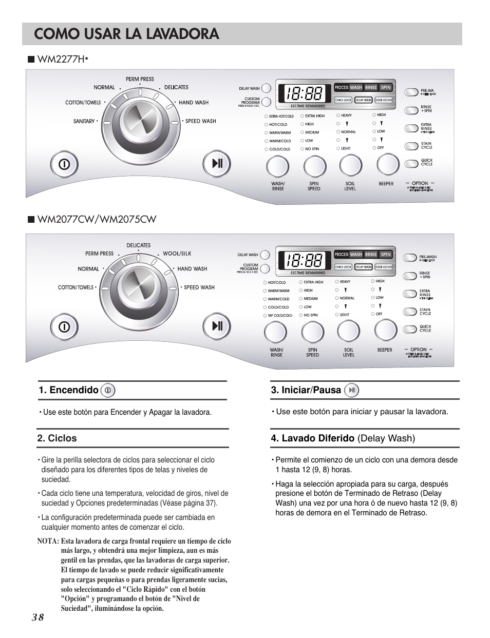 Como usar la lavadora | LG WM2277H series User Manual | Page 41 / 50