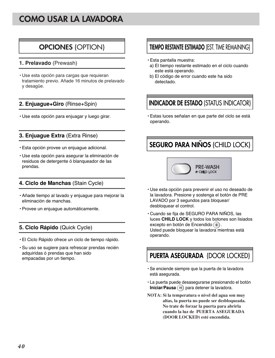 Como usar la lavadora, Indicador de estado (status indicator), Tiempo restante estimado (est. time remaining) | LG WM2277H series User Manual | Page 43 / 50