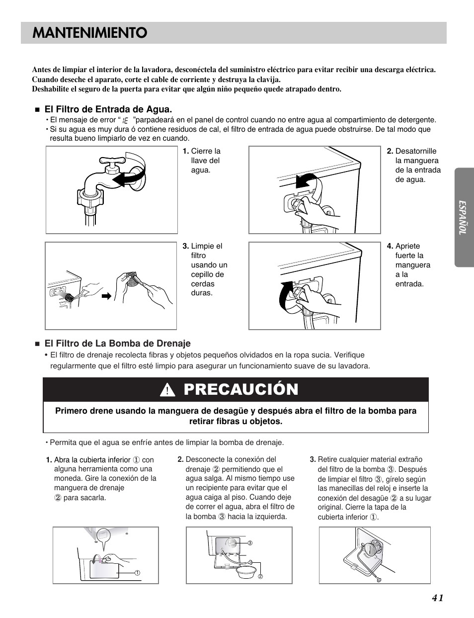 Precaución, Mantenimiento | LG WM2277H series User Manual | Page 44 / 50