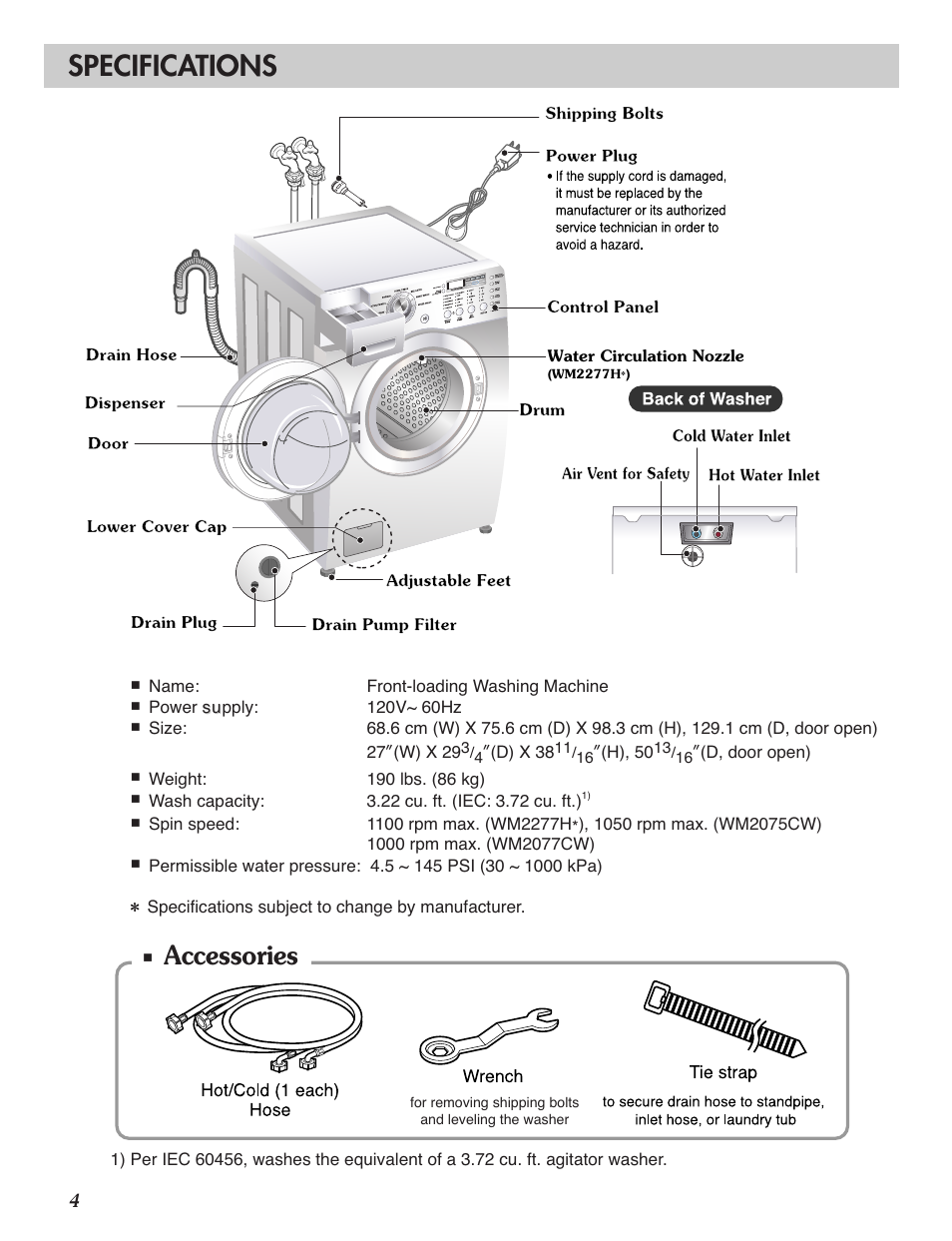 Specifications, Accessories | LG WM2277H series User Manual | Page 6 / 50