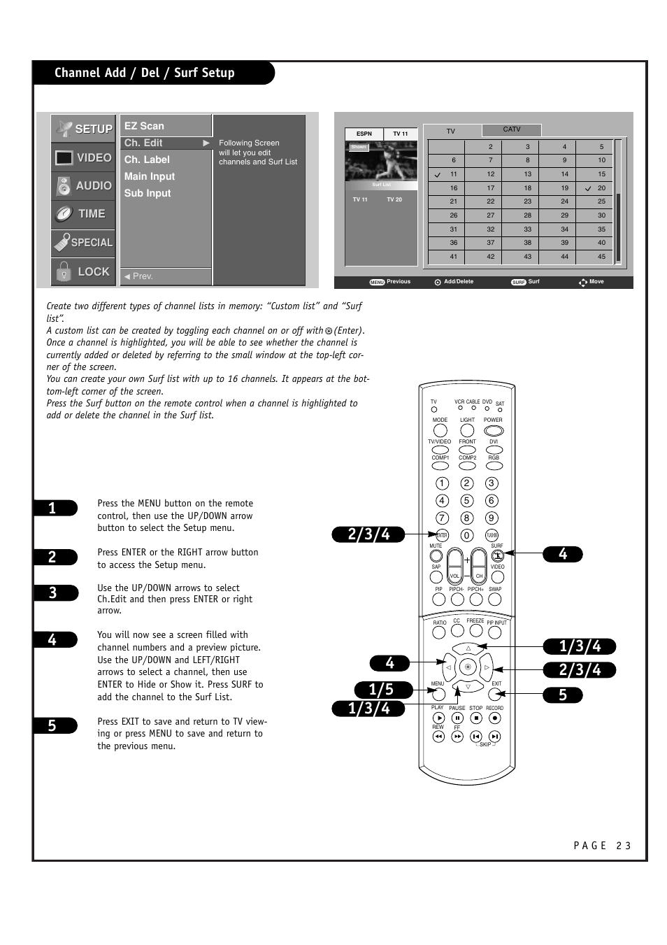 Channel add / del / surf setup, Setup, Setup video video audio audio lock lock | Time, Special | LG RU-44SZ51D User Manual | Page 23 / 60