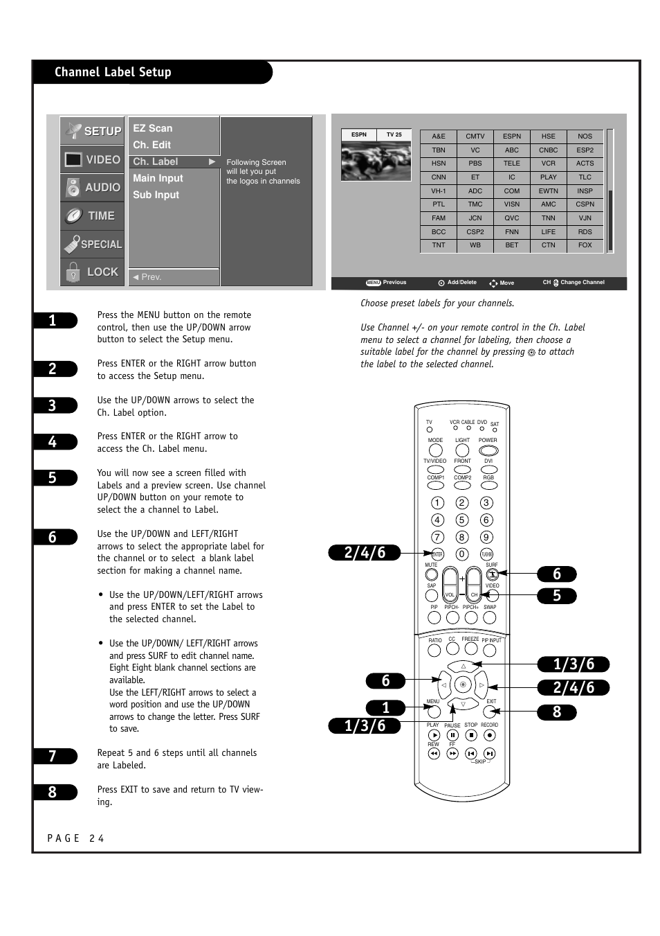 Channel label setup, Setup, Setup video video audio audio time time lock lock | Special | LG RU-44SZ51D User Manual | Page 24 / 60