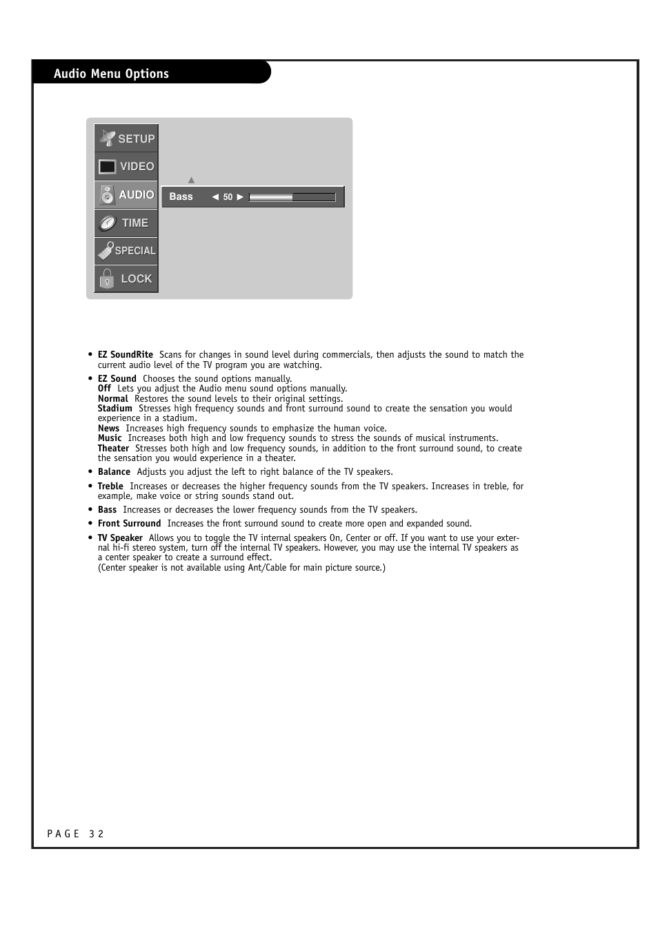 Audio menu options | LG RU-44SZ51D User Manual | Page 32 / 60