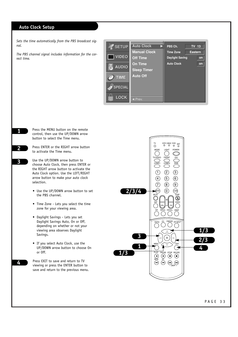 Auto clock setup | LG RU-44SZ51D User Manual | Page 33 / 60
