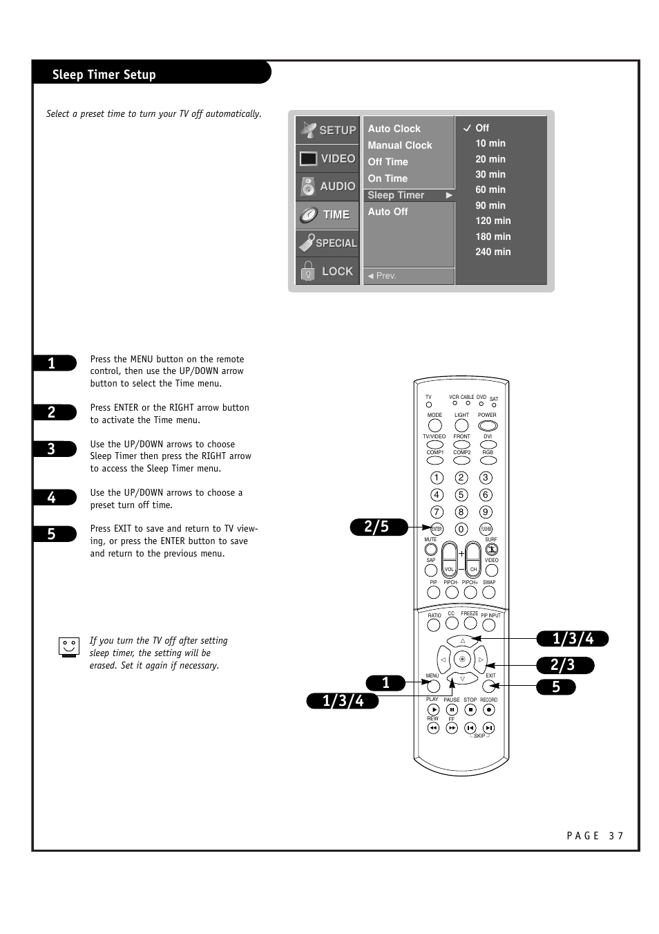 Sleep timer setup | LG RU-44SZ51D User Manual | Page 37 / 60