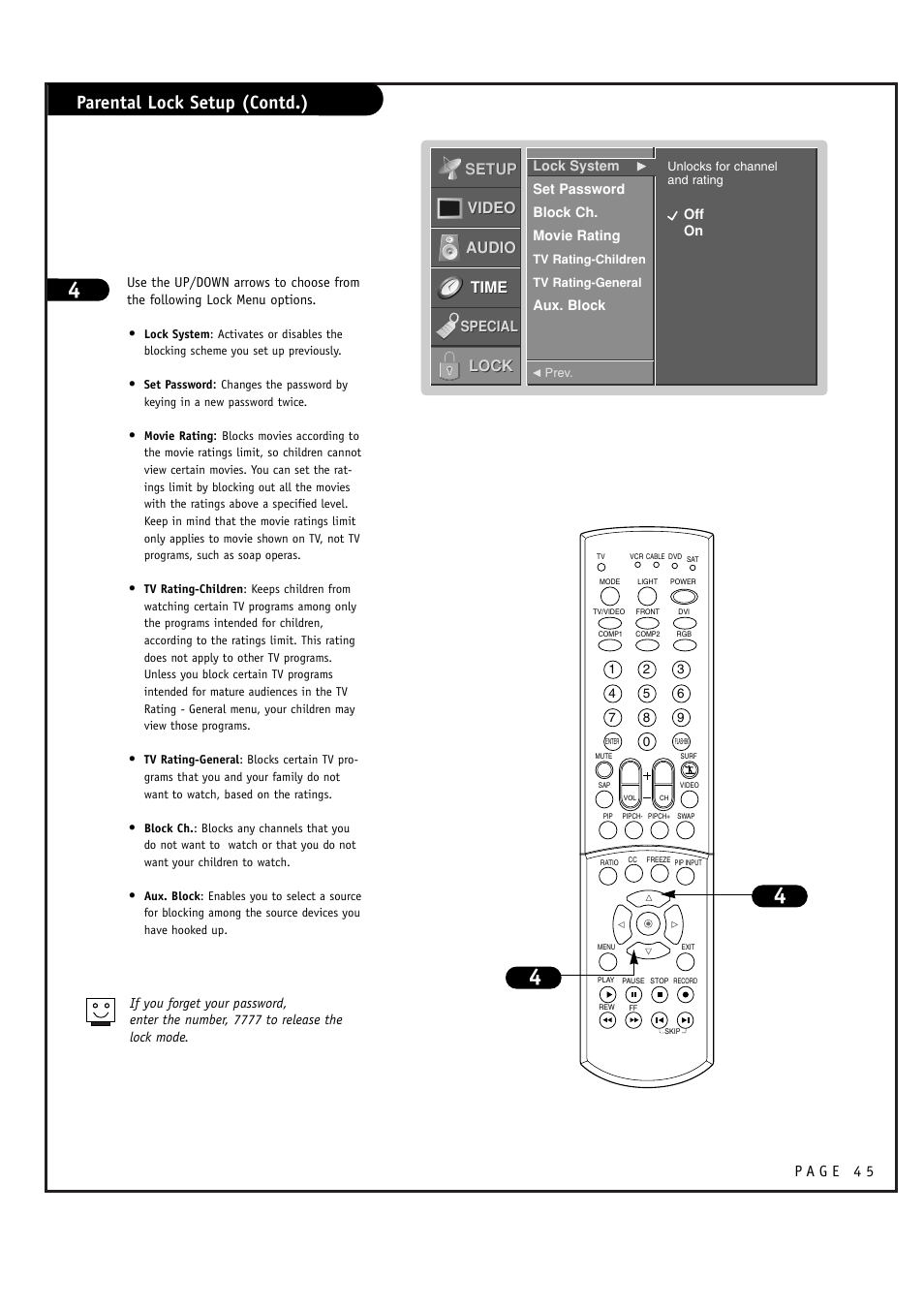 Parental lock setup (contd.), Setup, Setup video video audio audio time time lock lock | LG RU-44SZ51D User Manual | Page 45 / 60