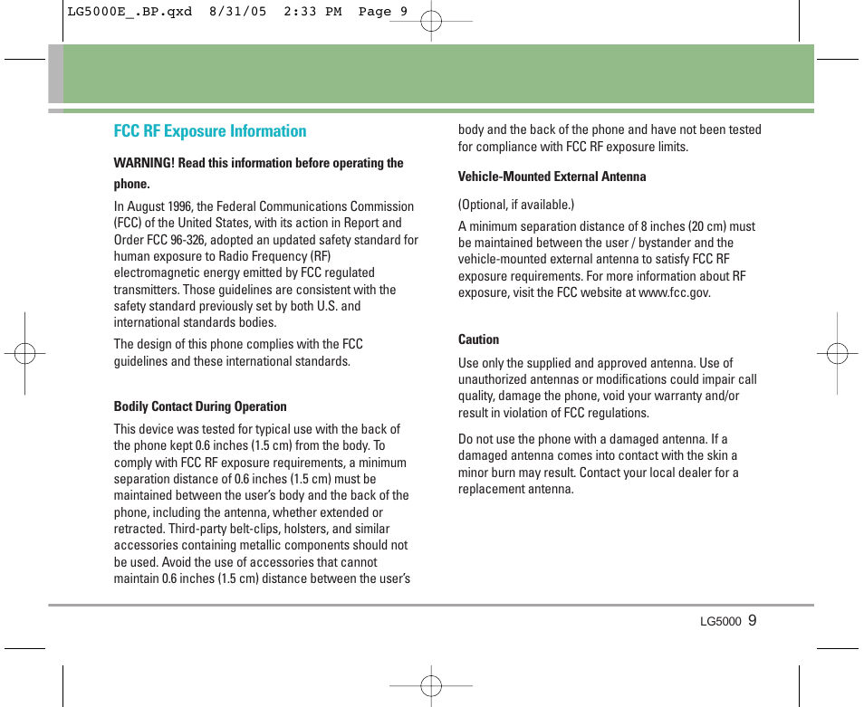 Fcc rf exposure information | LG 5000 User Manual | Page 10 / 191