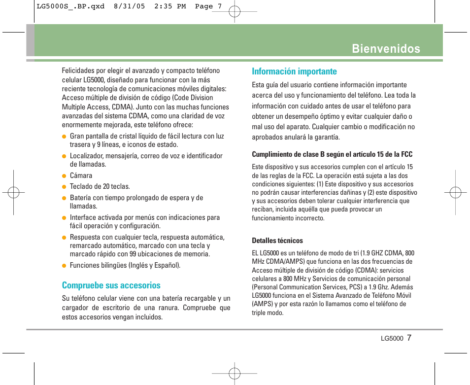 Bienvenidos, Compruebe sus accesorios, Información importante | LG 5000 User Manual | Page 102 / 191