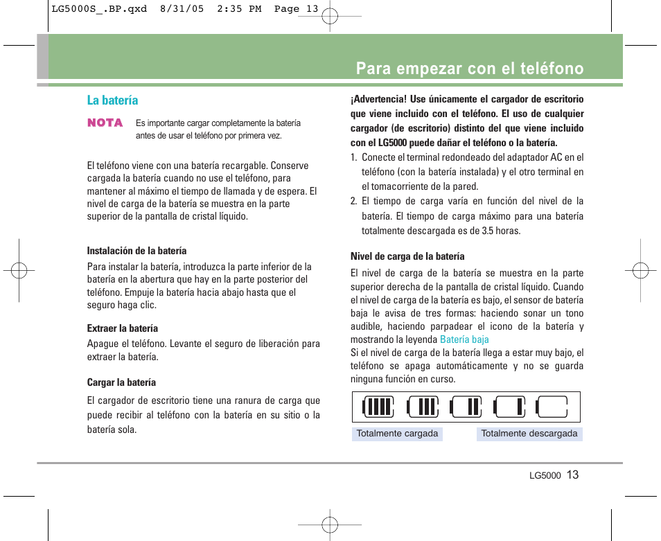 Para empezar con el teléfono, La batería | LG 5000 User Manual | Page 108 / 191