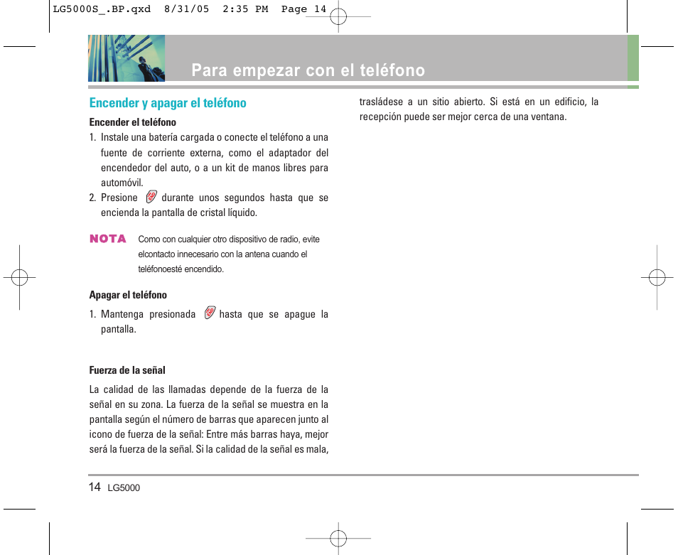 Para empezar con el teléfono, Encender y apagar el teléfono | LG 5000 User Manual | Page 109 / 191