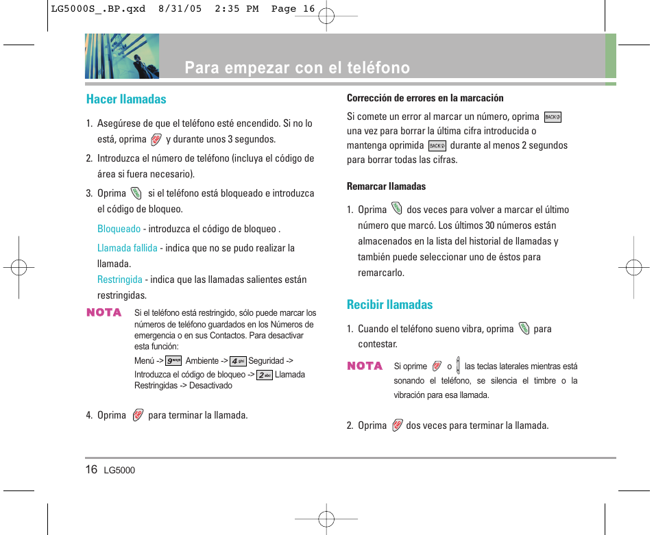 Para empezar con el teléfono, Hacer llamadas, Recibir llamadas | LG 5000 User Manual | Page 111 / 191