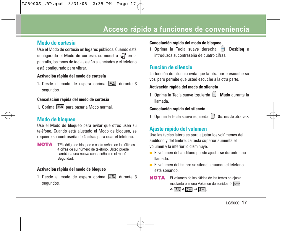 Acceso rápido a funciones de conveniencia, Modo de cortesía, Modo de bloqueo | Función de silencio, Ajuste rápido del volumen | LG 5000 User Manual | Page 112 / 191