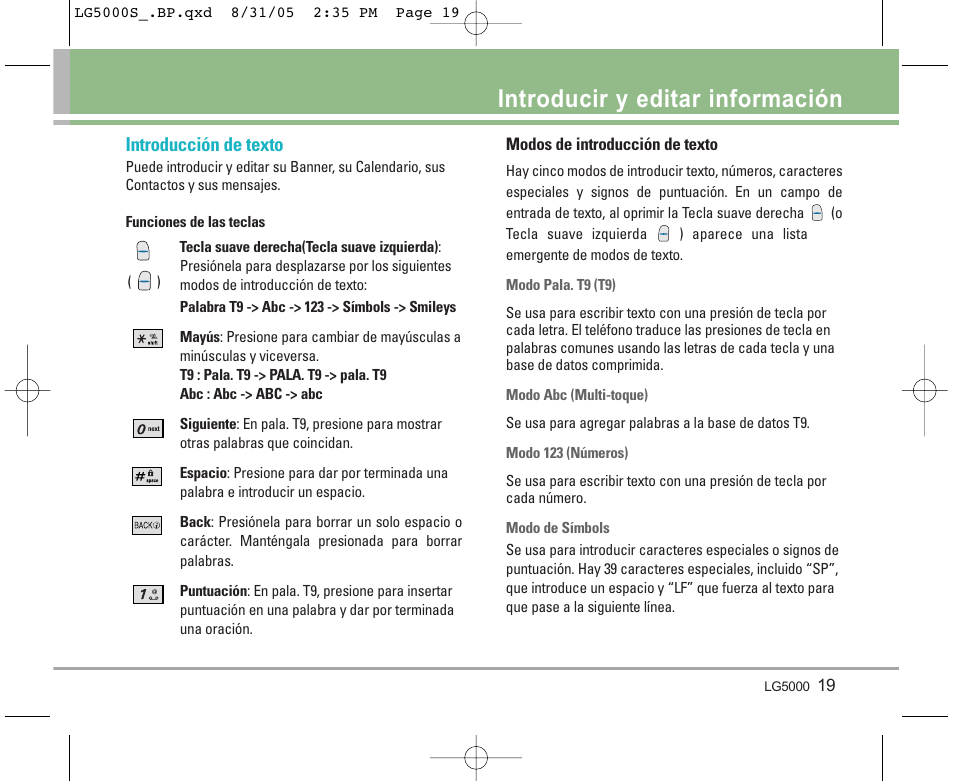 Introducir y editar información, Introducción de texto | LG 5000 User Manual | Page 114 / 191