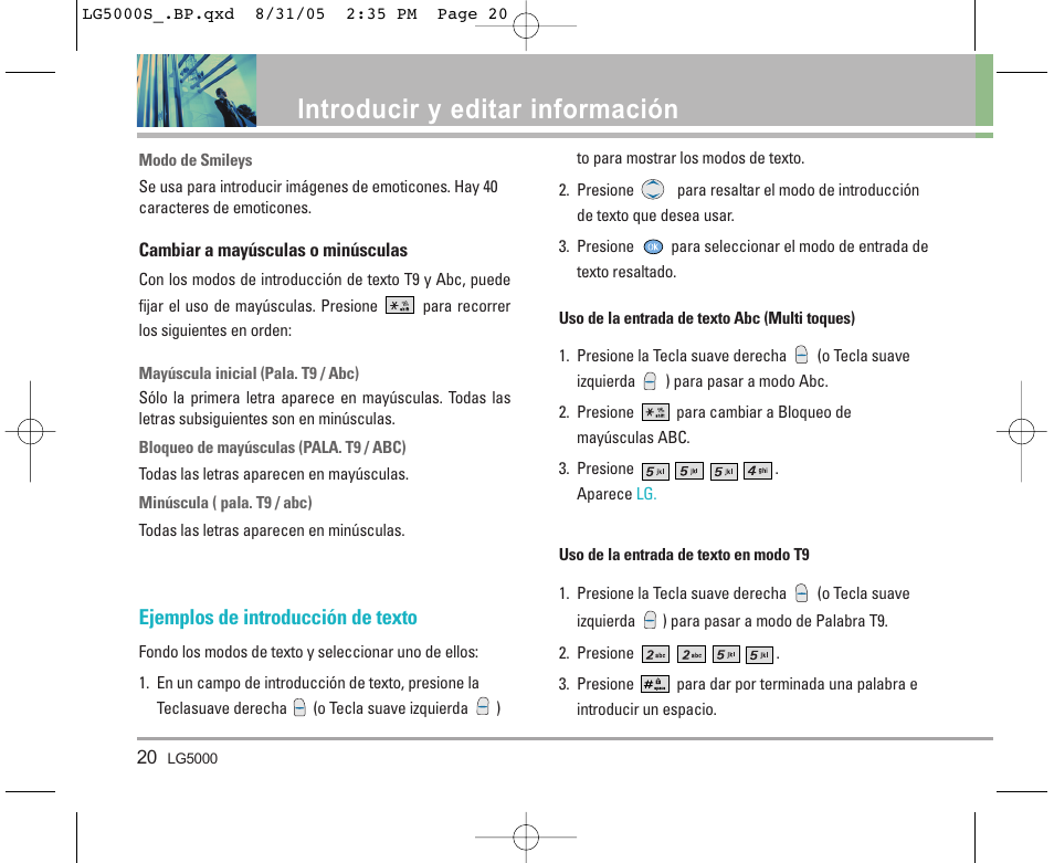 Introducir y editar información, Ejemplos de introducción de texto | LG 5000 User Manual | Page 115 / 191