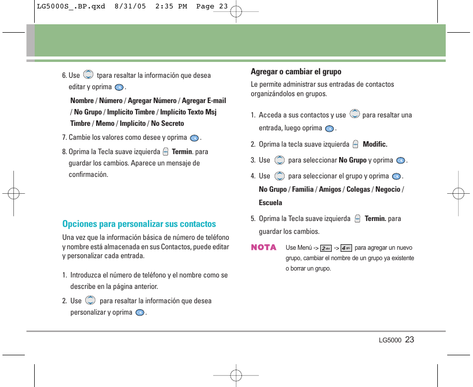 Opciones para personalizar sus contactos | LG 5000 User Manual | Page 118 / 191