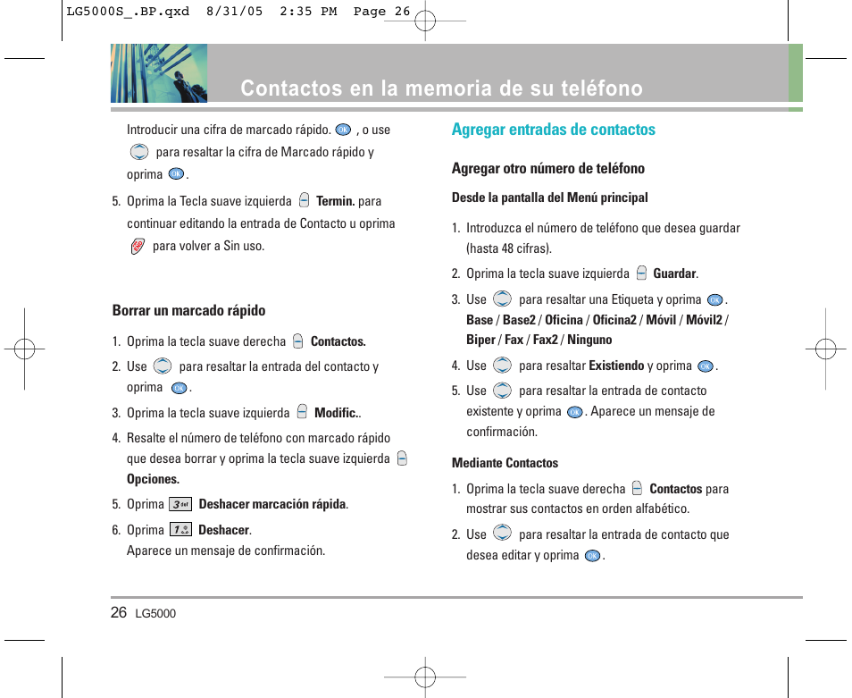 Agregar entradas de contactos | LG 5000 User Manual | Page 121 / 191