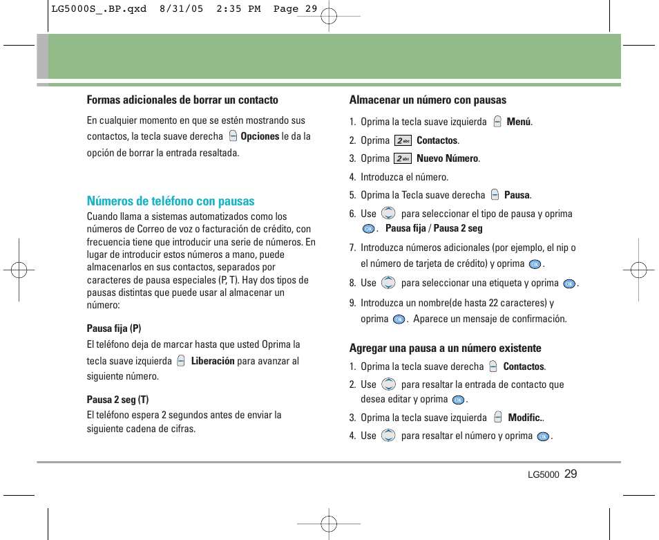 Números de teléfono con pausas | LG 5000 User Manual | Page 124 / 191