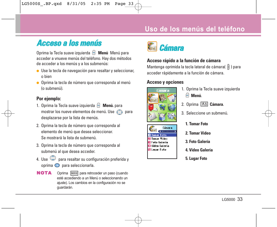 Ccá ám ma arra a, Uso de los menús del teléfono | LG 5000 User Manual | Page 128 / 191