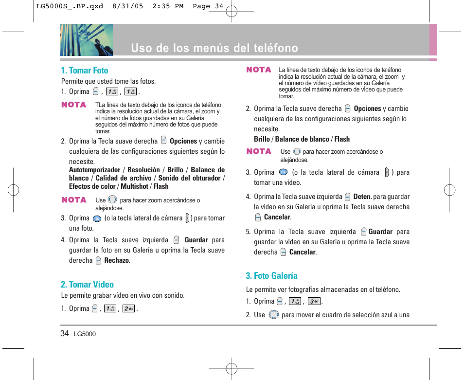 Uso de los menús del teléfono, Tomar foto, Tomar vídeo | Foto galería | LG 5000 User Manual | Page 129 / 191