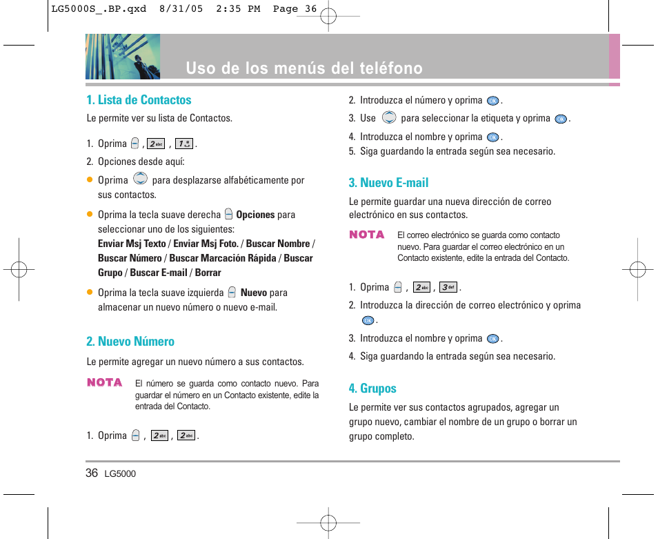 Uso de los menús del teléfono, Lista de contactos, Nuevo número | Nuevo e-mail, Grupos | LG 5000 User Manual | Page 131 / 191