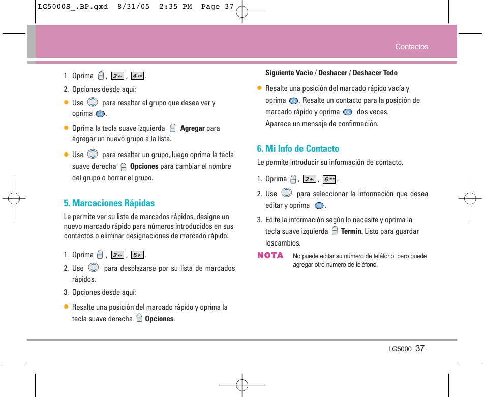 Marcaciones rápidas, Mi info de contacto | LG 5000 User Manual | Page 132 / 191