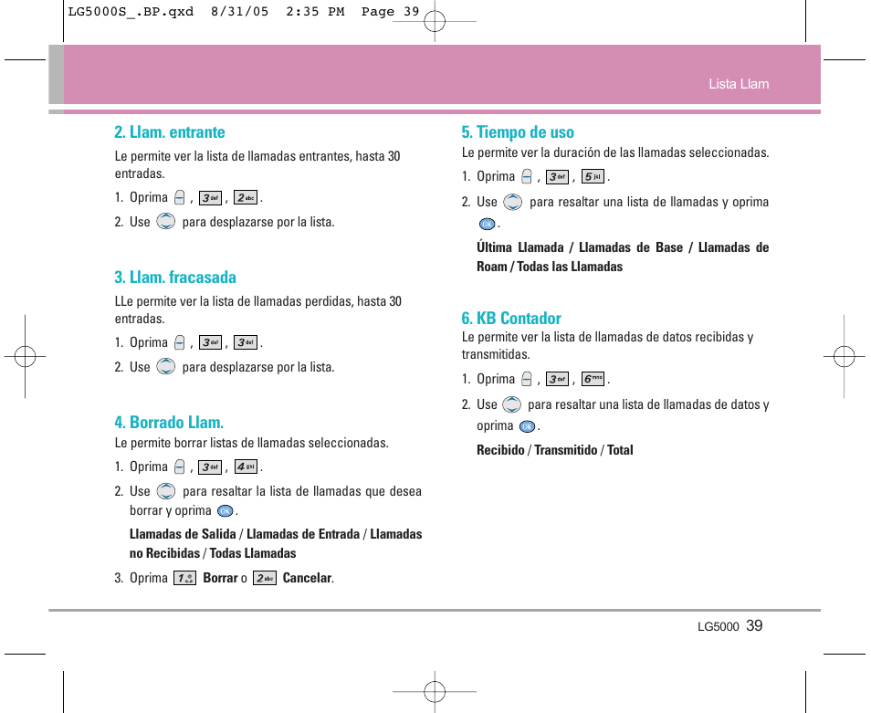 Llam. entrante, Llam. fracasada, Borrado llam | Tiempo de uso, Kb contador | LG 5000 User Manual | Page 134 / 191