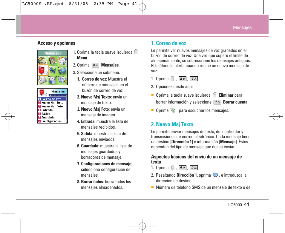 Correo de voz, Nuevo msj texto | LG 5000 User Manual | Page 136 / 191