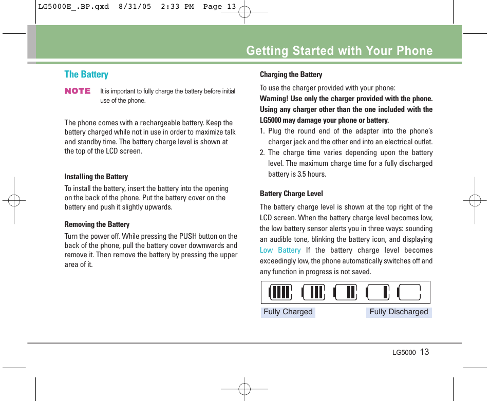 Getting started with your phone, The battery | LG 5000 User Manual | Page 14 / 191