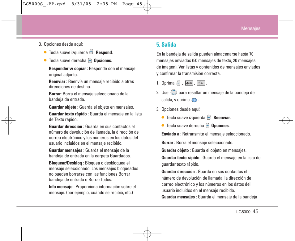 Salida | LG 5000 User Manual | Page 140 / 191