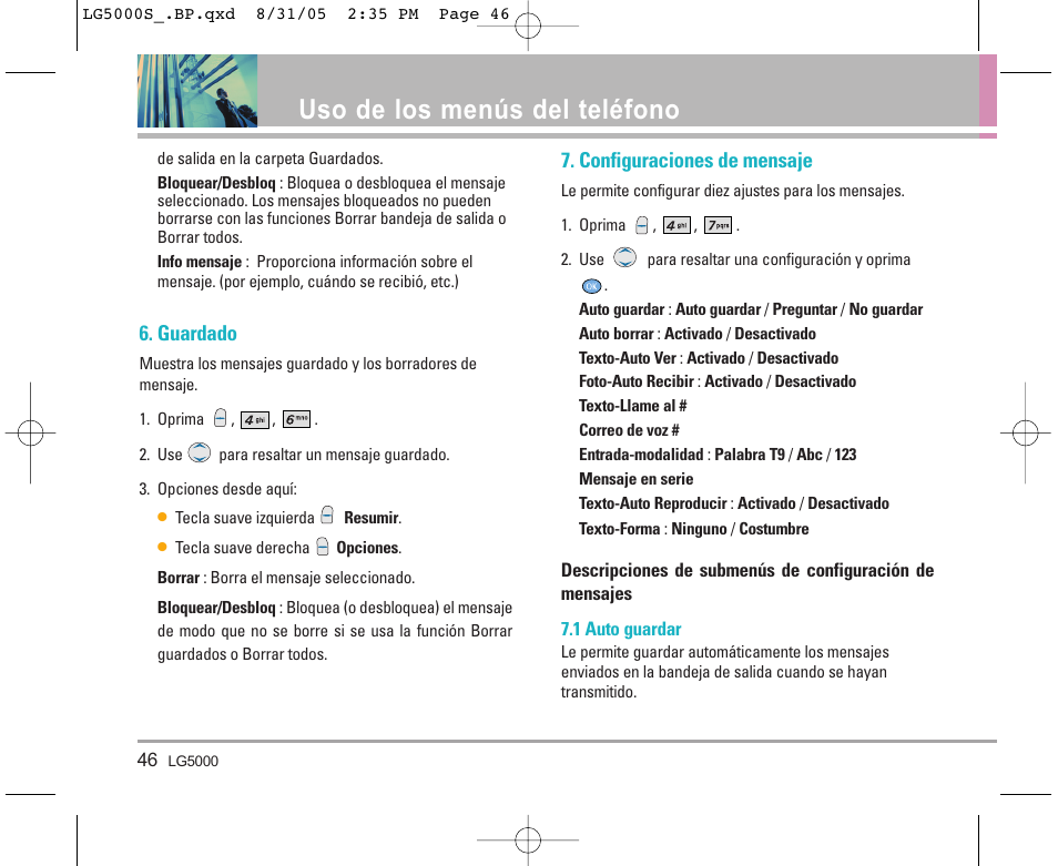 Uso de los menús del teléfono, Guardado, Configuraciones de mensaje | LG 5000 User Manual | Page 141 / 191