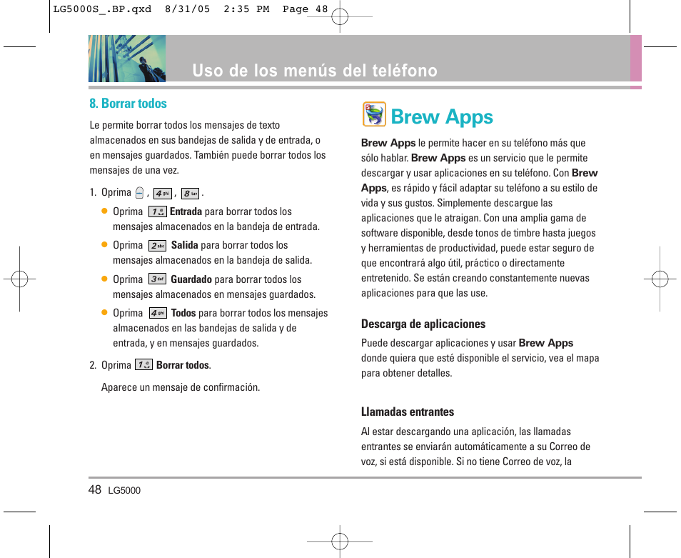 Brew apps, Uso de los menús del teléfono, Borrar todos | LG 5000 User Manual | Page 143 / 191