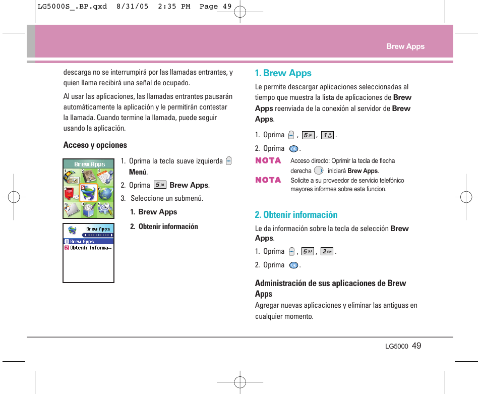 Brew apps, Obtenir información | LG 5000 User Manual | Page 144 / 191