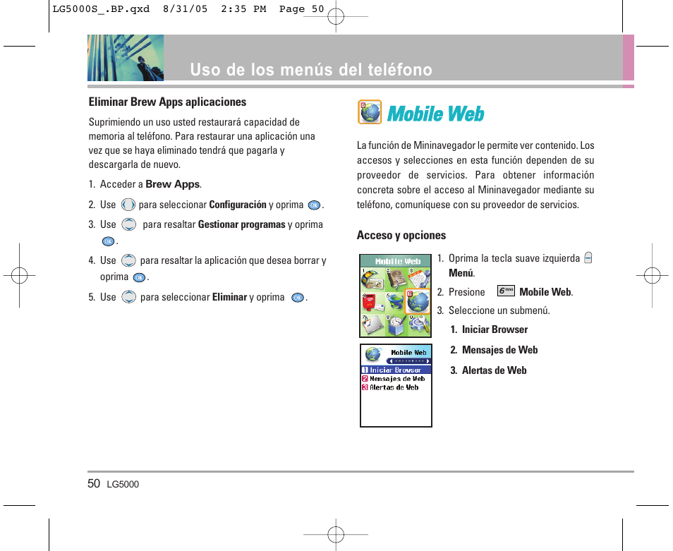 Mmo ob biille e w we eb b, Uso de los menús del teléfono | LG 5000 User Manual | Page 145 / 191