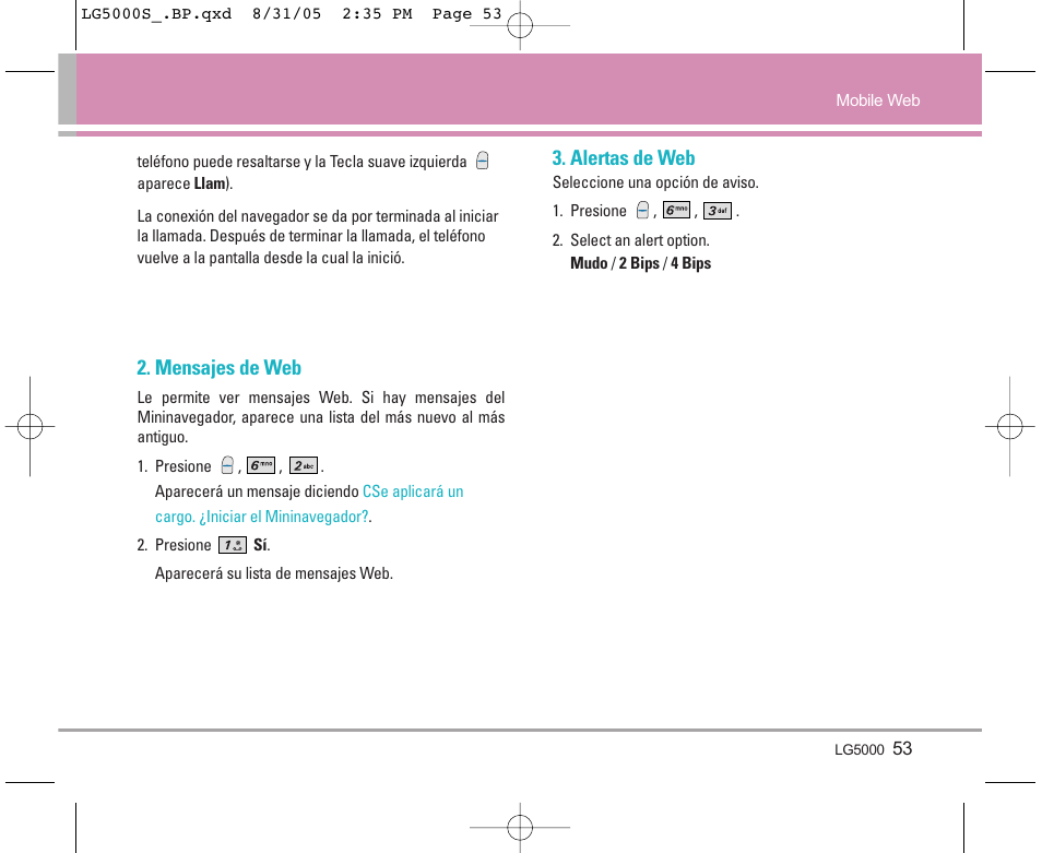 Mensajes de web, Alertas de web | LG 5000 User Manual | Page 148 / 191