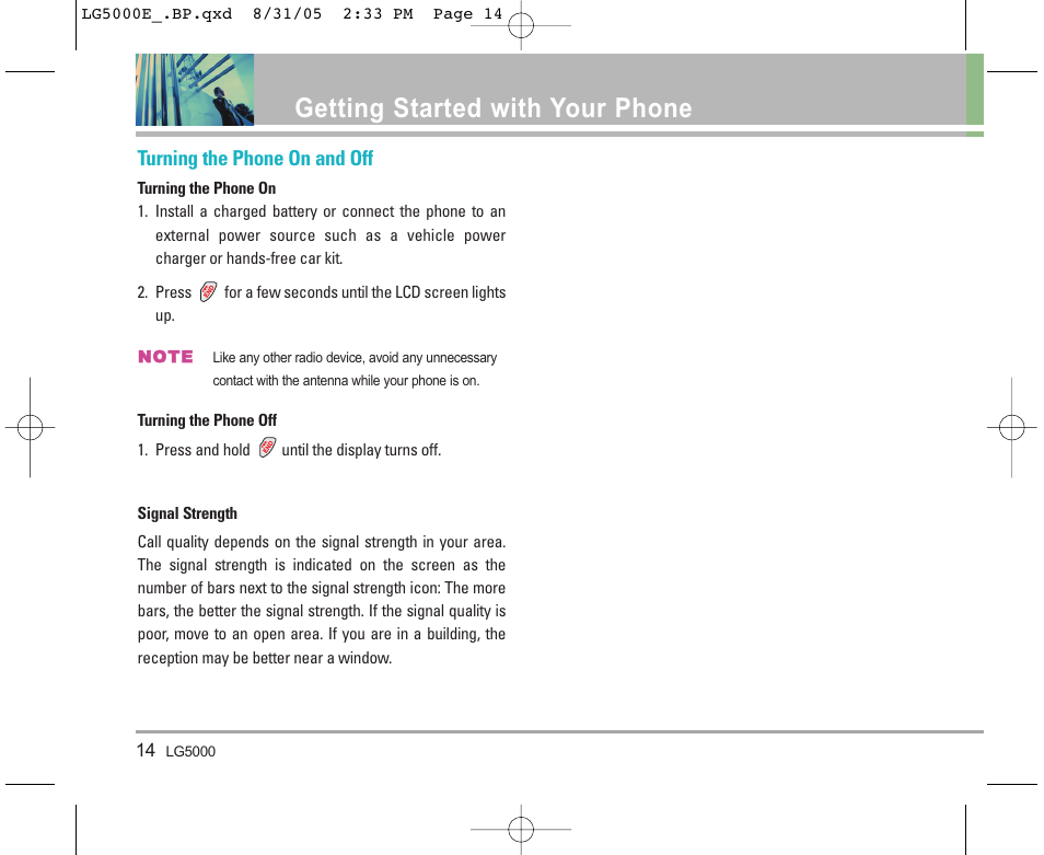 Getting started with your phone, Turning the phone on and off | LG 5000 User Manual | Page 15 / 191