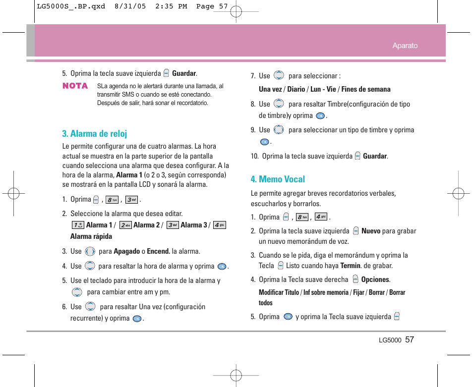 Alarma de reloj | LG 5000 User Manual | Page 152 / 191