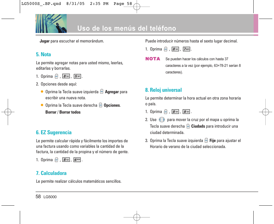 Uso de los menús del teléfono, Nota, Ez sugerencia | Calculadora, Reloj universal | LG 5000 User Manual | Page 153 / 191