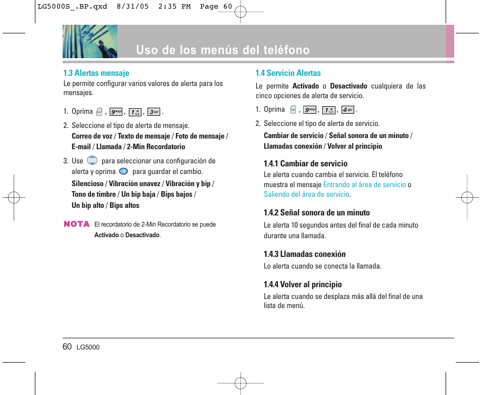 Uso de los menús del teléfono | LG 5000 User Manual | Page 155 / 191