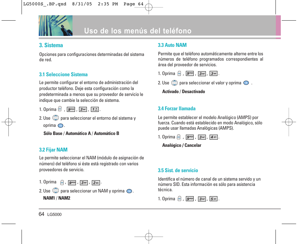 Uso de los menús del teléfono, Sistema | LG 5000 User Manual | Page 159 / 191