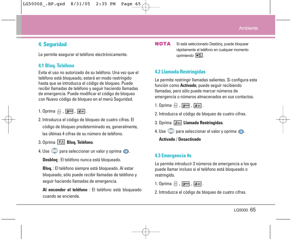 Seguridad | LG 5000 User Manual | Page 160 / 191