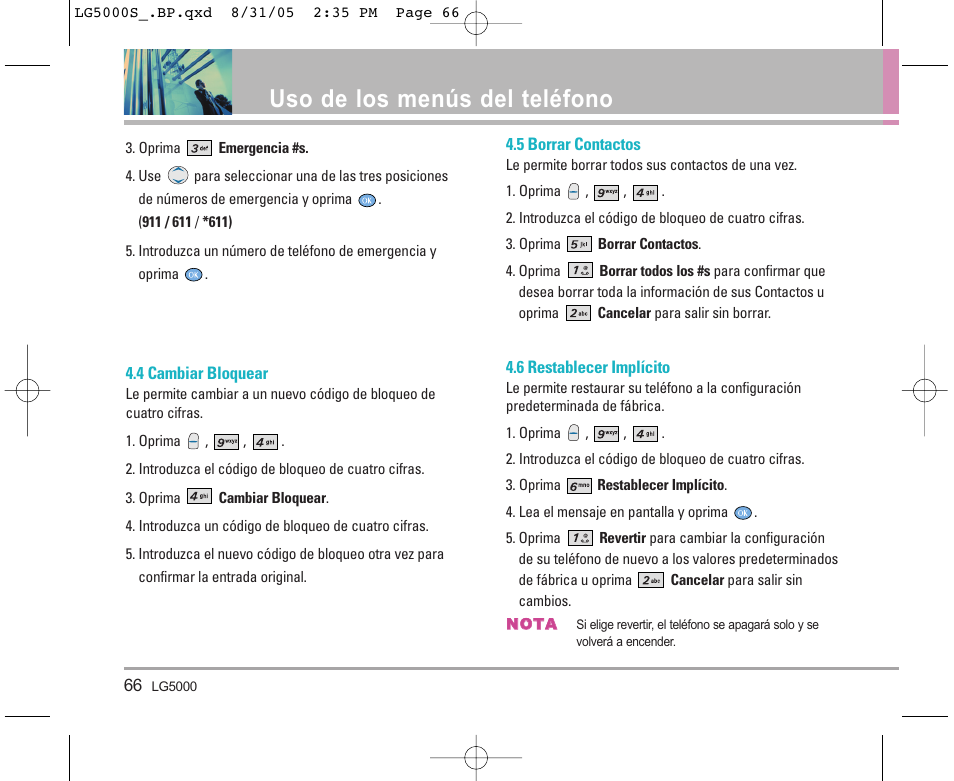 Uso de los menús del teléfono | LG 5000 User Manual | Page 161 / 191