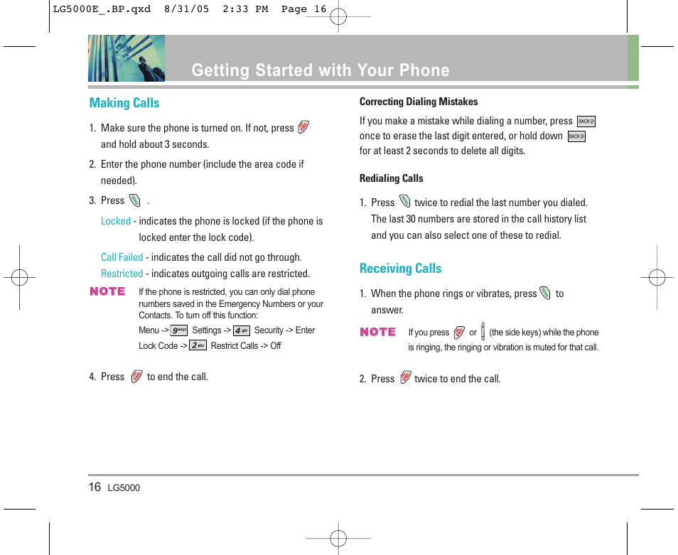 Getting started with your phone, Making calls, Receiving calls | LG 5000 User Manual | Page 17 / 191