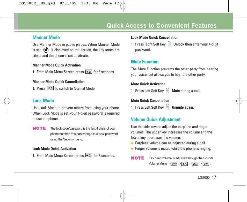 Quick access to convenient features, Manner mode, Lock mode | Mute function, Volume quick adjustment | LG 5000 User Manual | Page 18 / 191