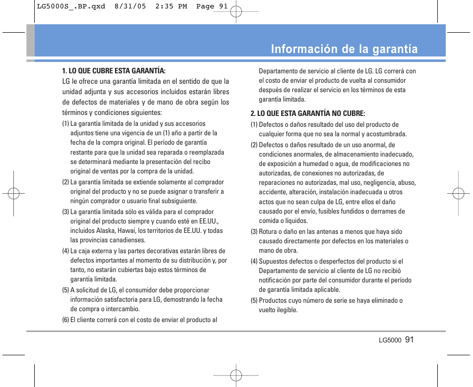 Información de la garantía | LG 5000 User Manual | Page 186 / 191